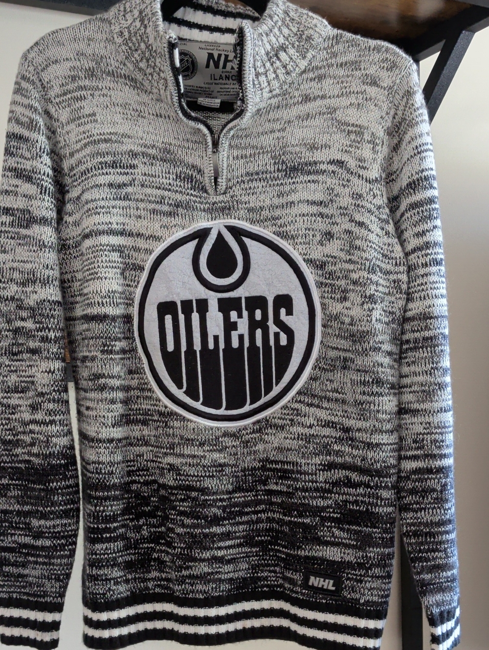 NHL Oilers Black & White Zip-Up Knit Sweater